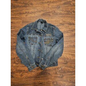 Rocawear Trucker Jacket Womens Large Blue Denim Embroidered Y2K Streetwear Retro